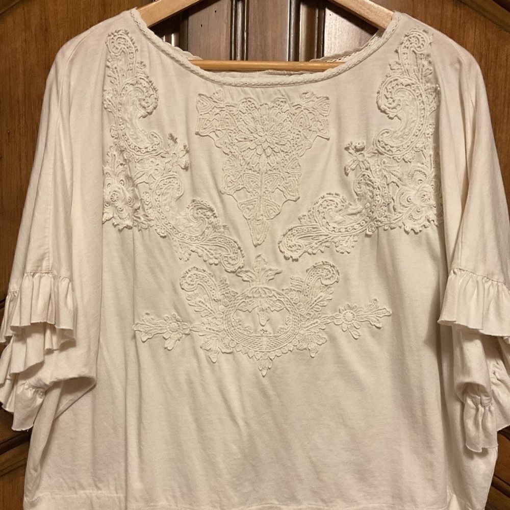 POLO RALPH LAUREN BLUE LABEL CREAM LACED EMBROIDERY WOMAN COTTON TOP SIZE US L‌